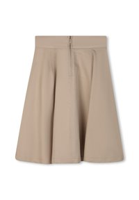 Jupe beige en ligne A avec une taille cintrée, un design plissé et une fermeture éclair au dos. Texture lisse avec un look épuré et minimaliste.