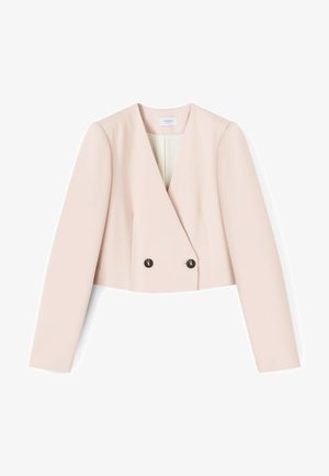 Cropped, pale pink tailored blazer with long sleeves, V-neckline, and two black buttons at the front.