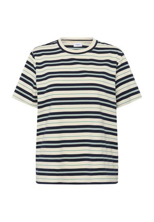 Gestreiftes T-Shirt mit horizontalen marineblauen und beigen Streifen, Rundhalsausschnitt, kurzen Ärmeln, aus weichem Baumwollmaterial.