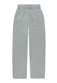 Hellgraue Leinenhose im weit geschnittenen Design mit elastischem Bund. Sie zeichnet sich durch eine glatte Textur aus und hat keine sichtbaren Muster oder Beschläge.