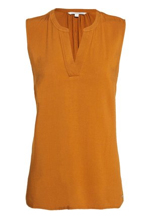 Hihaton polttavan oranssi pusero, jossa on halkioitu V-pääntie ja minimaalinen näkyvä ompelu, valmistettu kevyestä kankaasta.