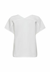 Haut blanc à manches courtes avec une coupe décontractée et un dos en V. Fabriqué en tissu texturé, il présente des lignes douces et fluides ainsi qu'un design minimaliste.