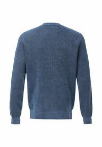 Jersey de punto azul con un patrón texturizado, escote redondo, mangas largas y puños y dobladillo acanalados. Vista trasera, sin logotipos visibles.