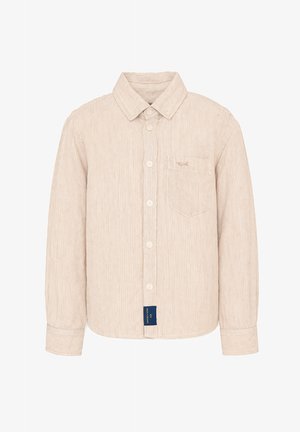 Beige corduroy overhemd met knopen, lange mouwen, puntkraag, borstzak met kleine geborduurde dierenprint en merkembleem aan de zoom.