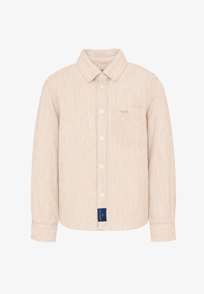 Camicia beige in velluto a coste con bottoni, maniche lunghe, colletto appuntito, taschino sul petto con piccolo ricamo di animale e etichetta del marchio sull'orlo.