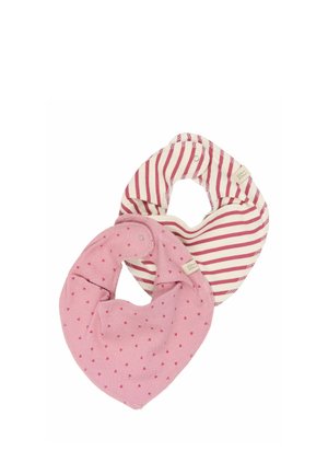 Two baby bibs, one pink with small red hearts and snap closure, the other cream with horizontal red stripes and snap closure.