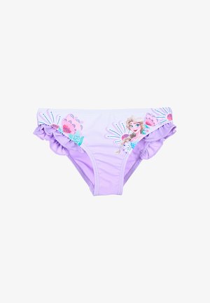 Light purple children's briefs with ruffled sides and colorful floral designs, featuring a cartoon princess character on the front.