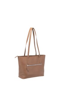 Borsa a tracolla in pelle color cuoio con due manici lunghi, forma rettangolare, tasca frontale con zip e superficie testurizzata. Design semplice e minimale.