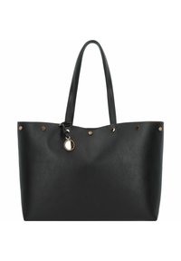 Sac fourre-tout en cuir noir avec deux longues poignées, accents en aquarelle dorée, et clous décoratifs sur le dessus. Texture lisse avec un design spacieux.