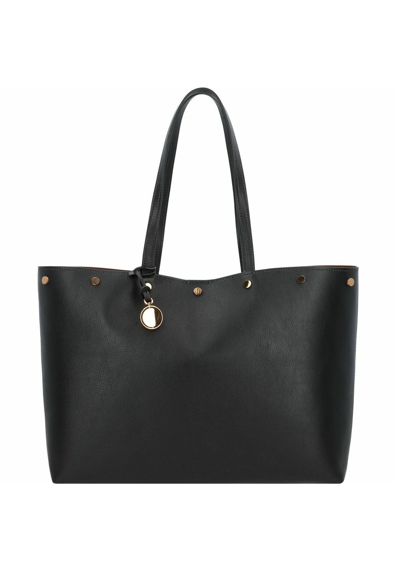 Sac fourre-tout en cuir noir avec deux longues poignées, accents en aquarelle dorée, et clous décoratifs sur le dessus. Texture lisse avec un design spacieux.