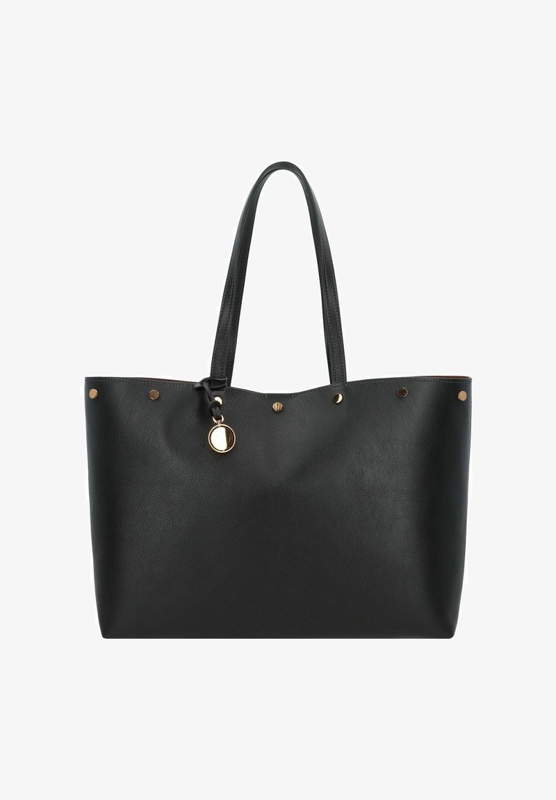 Sac fourre-tout en cuir noir avec deux longues poignées, accents en aquarelle dorée, et clous décoratifs sur le dessus. Texture lisse avec un design spacieux.
