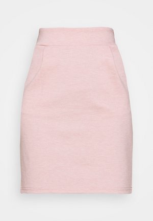 Light pink, knee-length skirt with a fitted waistband and subtle side seam pockets, made from soft knit fabric.