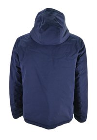 Giacca isolante blu navy con cappuccio e una texture liscia. Presenta un orlo leggermente curvo e cuciture minimali visibili.