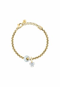 Bracciale in oro con charm a forma di cuore in cristallo e charm circolare con accenti di stella e luna. Chiusura a moschettone.