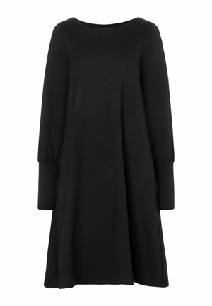 Schwarzes A-Linien-Kleid mit langen Ärmeln, rundem Ausschnitt und breiten Manschetten, auf weißem Hintergrund gezeigt.