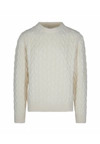 Maglione a treccia di colore crema, con collo rotondo, maniche lunghe e orli a costine. Il materiale sembra morbido e strutturato, con un design classico.