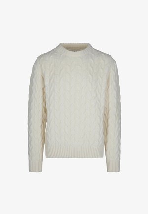 Maglione a treccia di colore crema, con collo rotondo, maniche lunghe e orli a costine. Il materiale sembra morbido e strutturato, con un design classico.