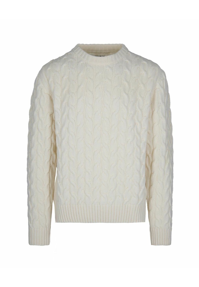 Maglione a treccia di colore crema, con collo rotondo, maniche lunghe e orli a costine. Il materiale sembra morbido e strutturato, con un design classico.