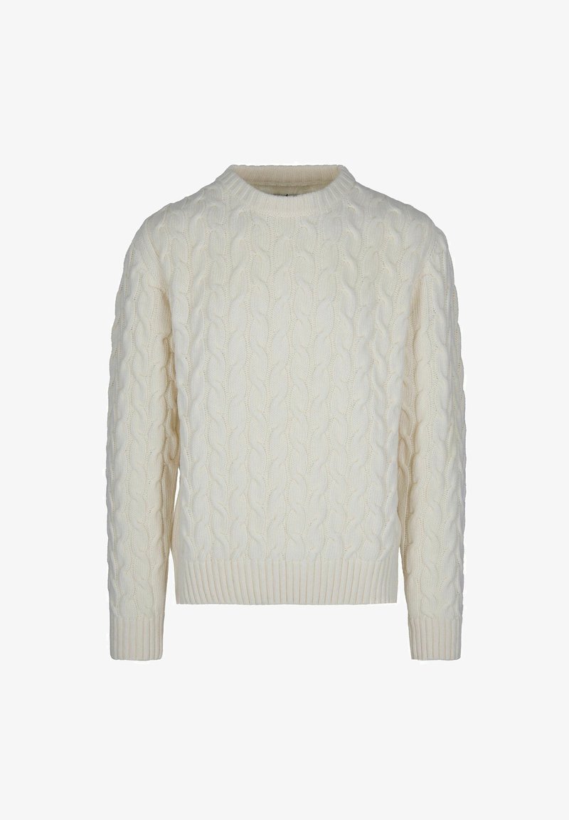 Maglione a treccia di colore crema, con collo rotondo, maniche lunghe e orli a costine. Il materiale sembra morbido e strutturato, con un design classico.