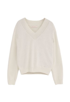 Kremowy sweter z dzianiny z dekoltem w serek, długimi rękawami oraz ściągaczami na mankietach i dolnym brzegu, prezentowany na białym tle.