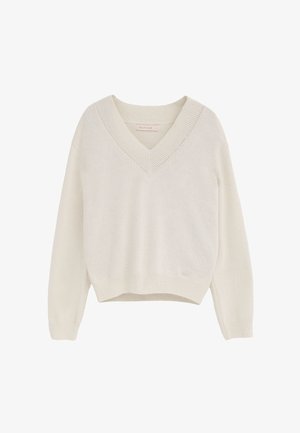 Kremowy sweter z dzianiny z dekoltem w serek, długimi rękawami oraz ściągaczami na mankietach i dolnym brzegu, prezentowany na białym tle.