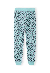 Svetlomodré legíny s leopardím vzorom v čiernej a ružovej farbe. Elastický pás a priliehavé manžety na členkoch. Mäkká textúra.