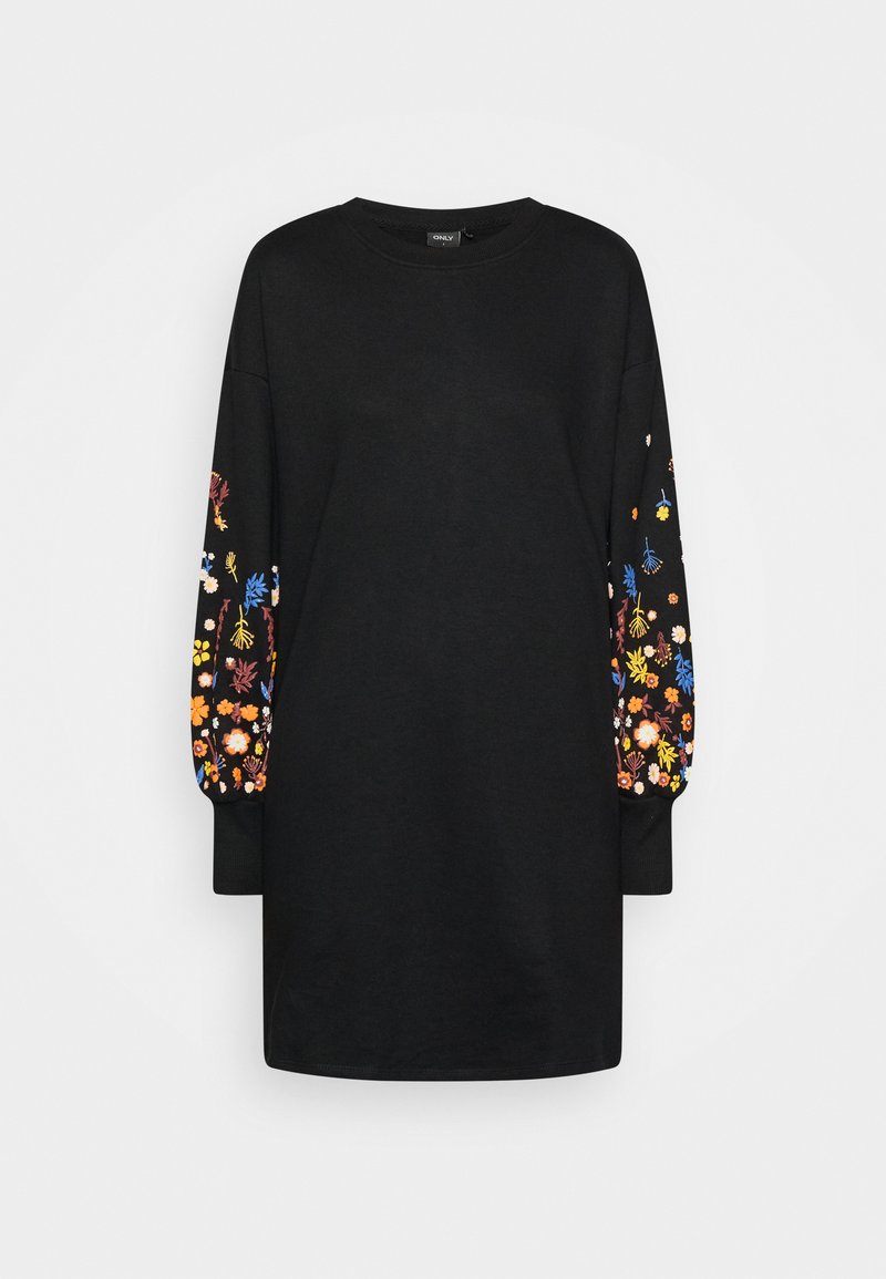 Robe sweat noire à manches longues avec broderie florale colorée sur les manches, col rond et coupe décontractée.