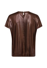Top scurt cu mânecă din bronz, realizat dintr-un material strălucitor, având un guler rotund și o deschidere la spate în formă de cheie. Textură netedă cu un luciu subtil.