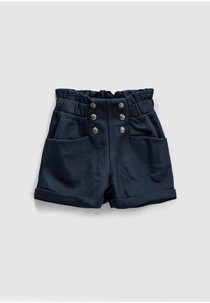 Sorte højtaljede shorts til småbørn med opsmøgede kanter, to forlommer, elastisk taljebånd med rynker, og dobbelt række med seks dekorative sølvknapper.