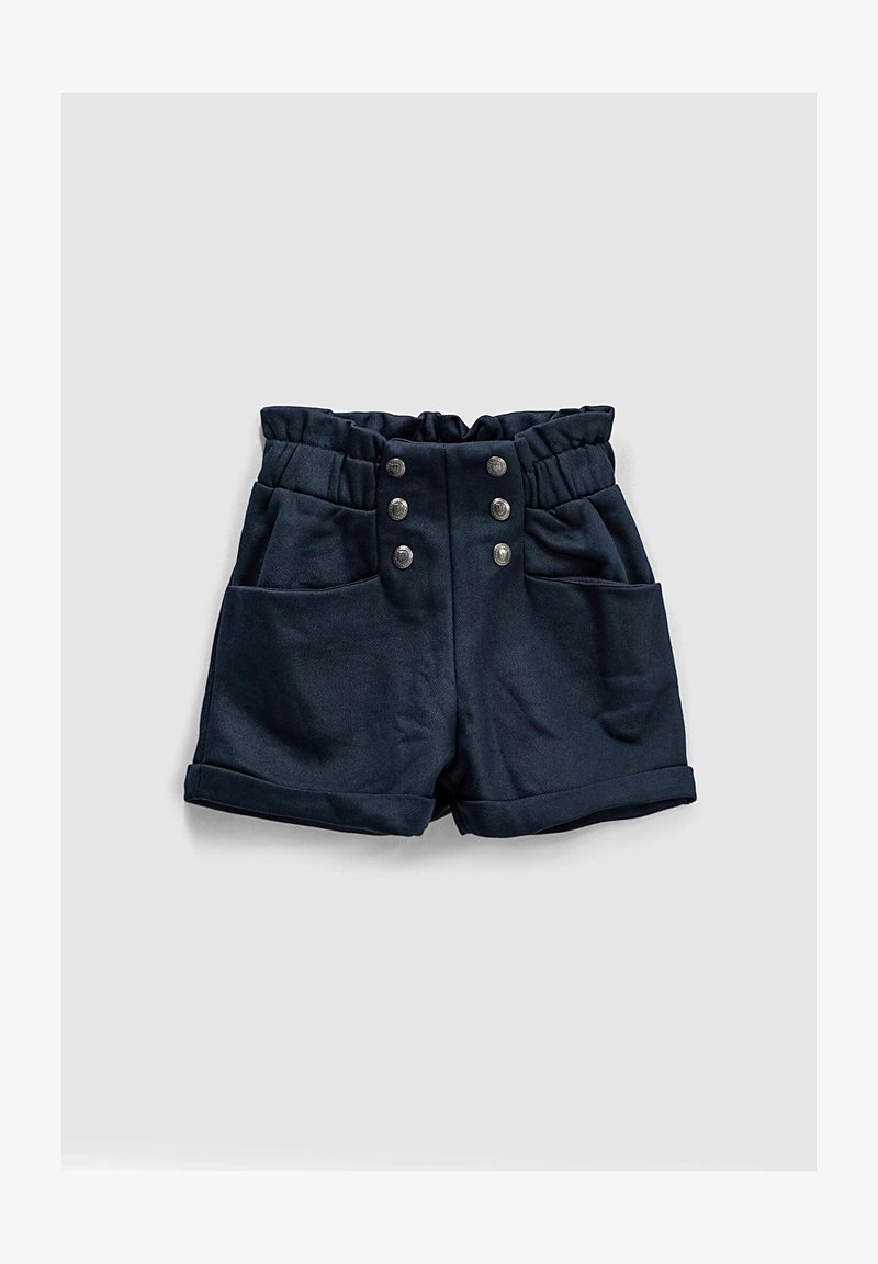 Shorts noirs taille haute pour tout-petit avec revers roulés, deux poches avant, taille élastiquée froncée et double rangée de six boutons décoratifs argentés.