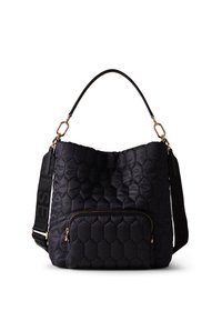 Black quilted fabric bag with a hexagonal pattern, featuring a front zippered pocket and a detachable black strap with logo. Gold-tone hardware accents.