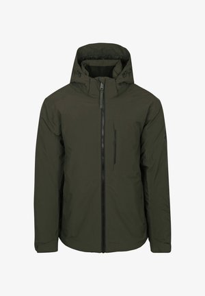 Dark green insulated jacket with a zip front, adjustable hood, and side pocket. Smooth texture and minimalistic design.
