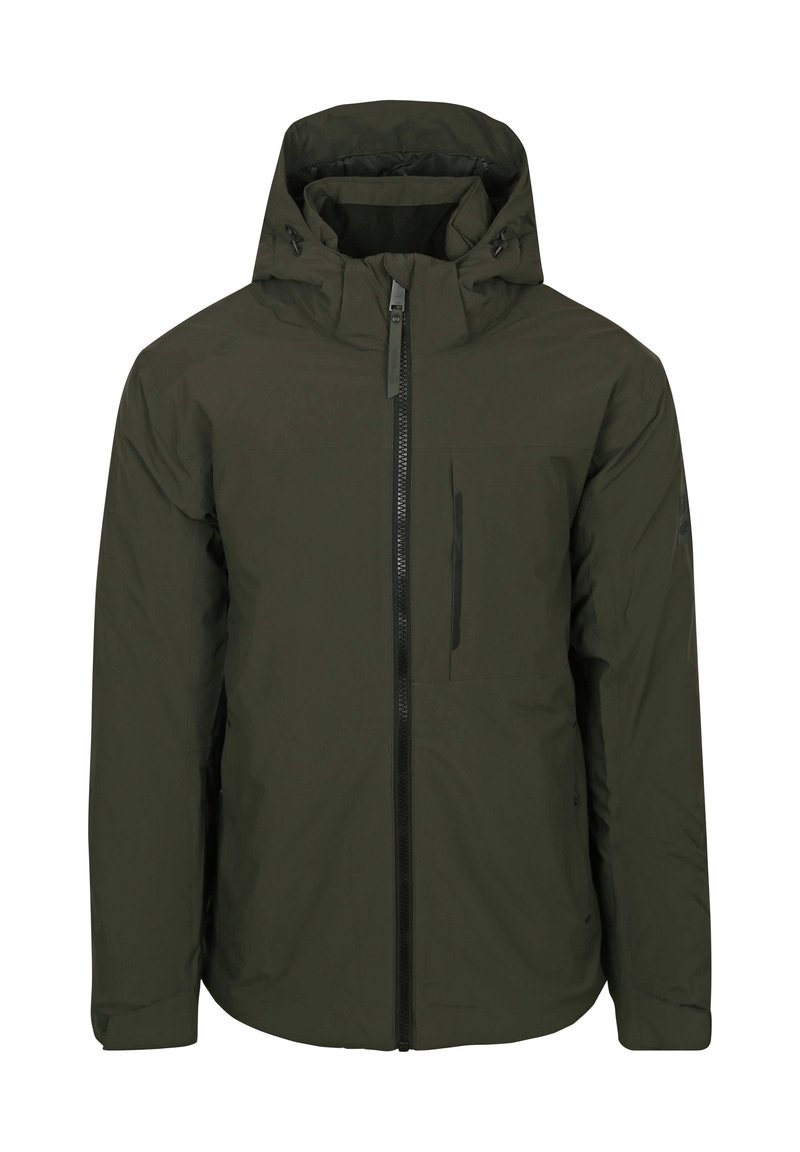 Donkergroen gewatteerde jas met een rits aan de voorkant, verstelbare capuchon en zijzak. Soepele textuur en minimalistisch ontwerp.