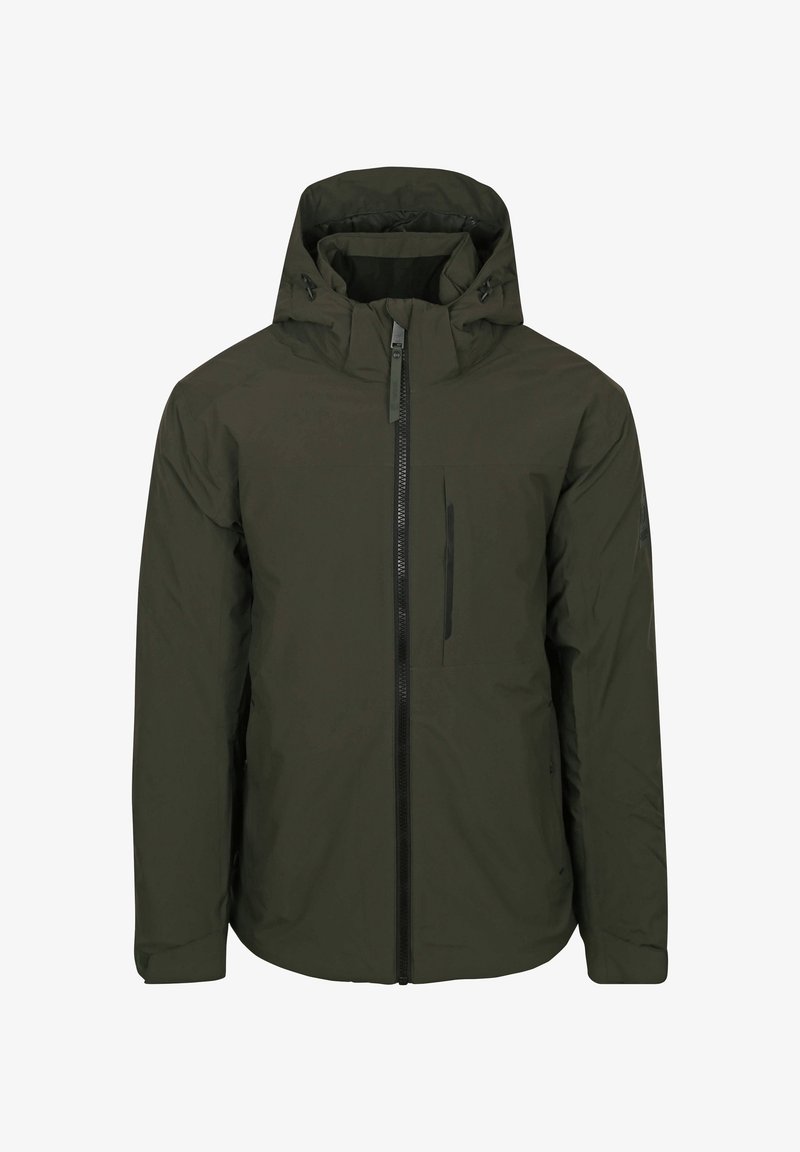 Donkergroen gewatteerde jas met een rits aan de voorkant, verstelbare capuchon en zijzak. Soepele textuur en minimalistisch ontwerp.