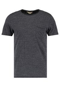 Kurzarm-T-Shirt in Anthrazitgrau aus weicher Stoffqualität. Rundhalsausschnitt mit kleiner Brusttasche. Glatte Textur, lässiges Design.