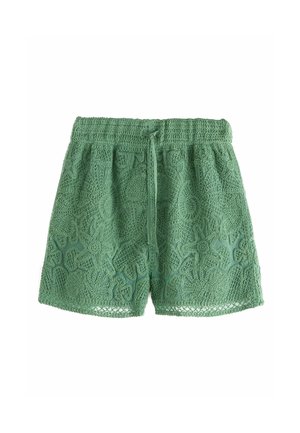 Green crochet shorts with elastic waistband and drawstring, featuring intricate floral and geometric patterns.