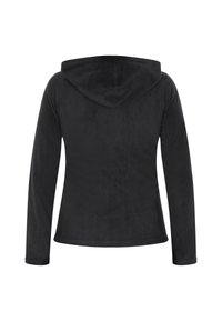 Schwarzer Fleece-Hoodie mit langen Ärmeln, rundem Halsausschnitt und Kapuze. Glatte Textur, figurbetontes Design und keine sichtbaren Beschläge oder Akzente.