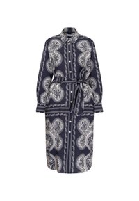 Vestito camicia blu navy con motivo paisley bianco, con colletto, bottone frontale, maniche lunghe e vita con cintura. Tessuto liscio, lunghezza fino al ginocchio.
