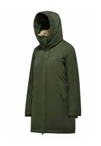 Cappotto in verde oliva per l'inverno con cappuccio foderato in pelliccia, chiusura con zip, tasche laterali e design di media lunghezza. Texture liscia e dettagli minimali.