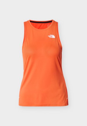Canotta sportiva arancione brillante senza maniche con scollo rotondo e logo bianco The North Face sul petto a sinistra.