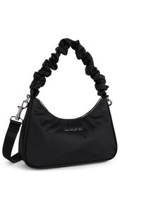 Borsa a mano nera in nylon con manico in tessuto arricciato, zip in metallo argentato e logo. Forma compatta con superficie liscia e tracolla regolabile.