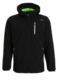 Veste softshell noire avec intérieur vert et fermetures éclair. Comprend une capuche, deux poches latérales et des poignets ajustables. Légère et résistante à l'eau.