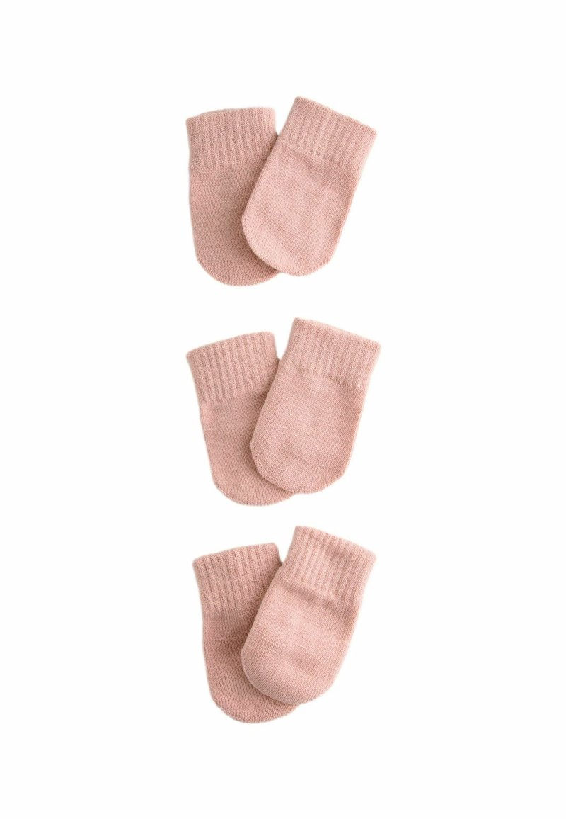 Trois paires de mitaines pour bébé rose pâle empilées verticalement, avec des poignets côtelés et une texture de tissu douce pour la chaleur.
