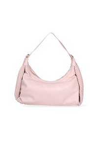 Borsa a tracolla rosa con dettagli intrecciati ai lati, texture liscia, chiusura con zip e forma morbida e arrotondata. Presenta una sola tracolla.