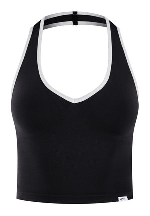 Sujeción deportiva negra con ribete blanco, escote en V, diseño racerback y tejido sin costuras, con una pequeña etiqueta de logo en la parte inferior.