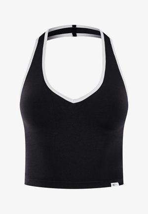 Sujeción deportiva negra con ribete blanco, escote en V, diseño racerback y tejido sin costuras, con una pequeña etiqueta de logo en la parte inferior.
