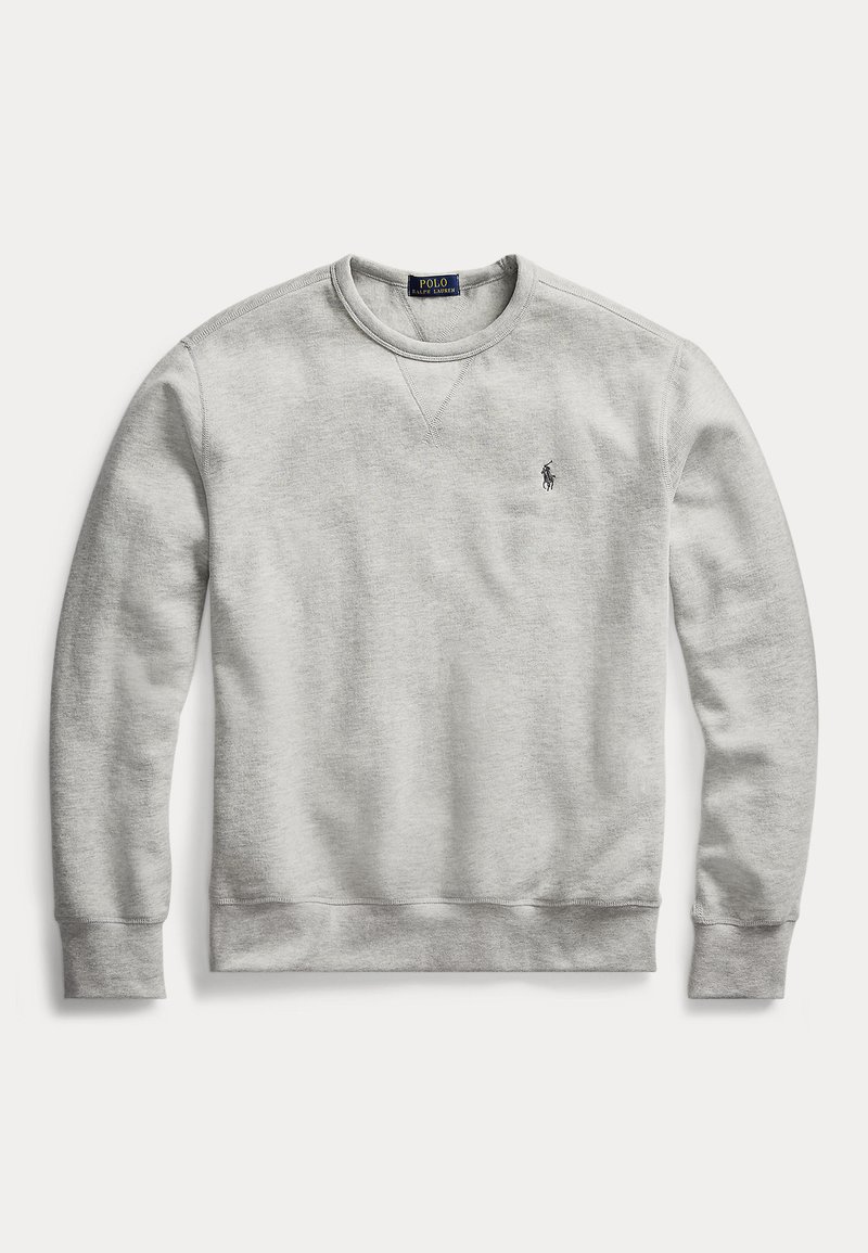 Sweatshirt de algodão cinza claro com decote redondo, punhos e bainha canelados. Apresenta um pequeno logótipo bordado no peito. Textura: suave.