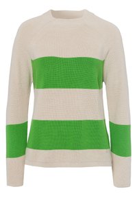Pull en tricot beige avec des bandes horizontales vertes et blanches. Possède un col rond et des manches raglan longues. Texture douce.