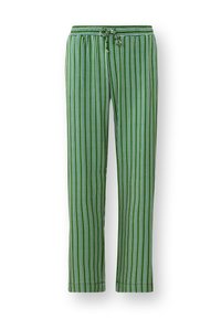Groene gestreepte broek met een koord in de taille. De stof heeft afwisselend dunne witte en donkergroene strepen, een gladde textuur en een recht model.
