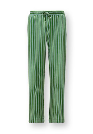 Groene gestreepte broek met een koord in de taille. De stof heeft afwisselend dunne witte en donkergroene strepen, een gladde textuur en een recht model.